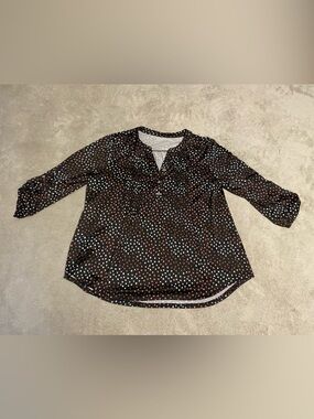 Source Unknown Black Blouse with White and Brown Dot Print
